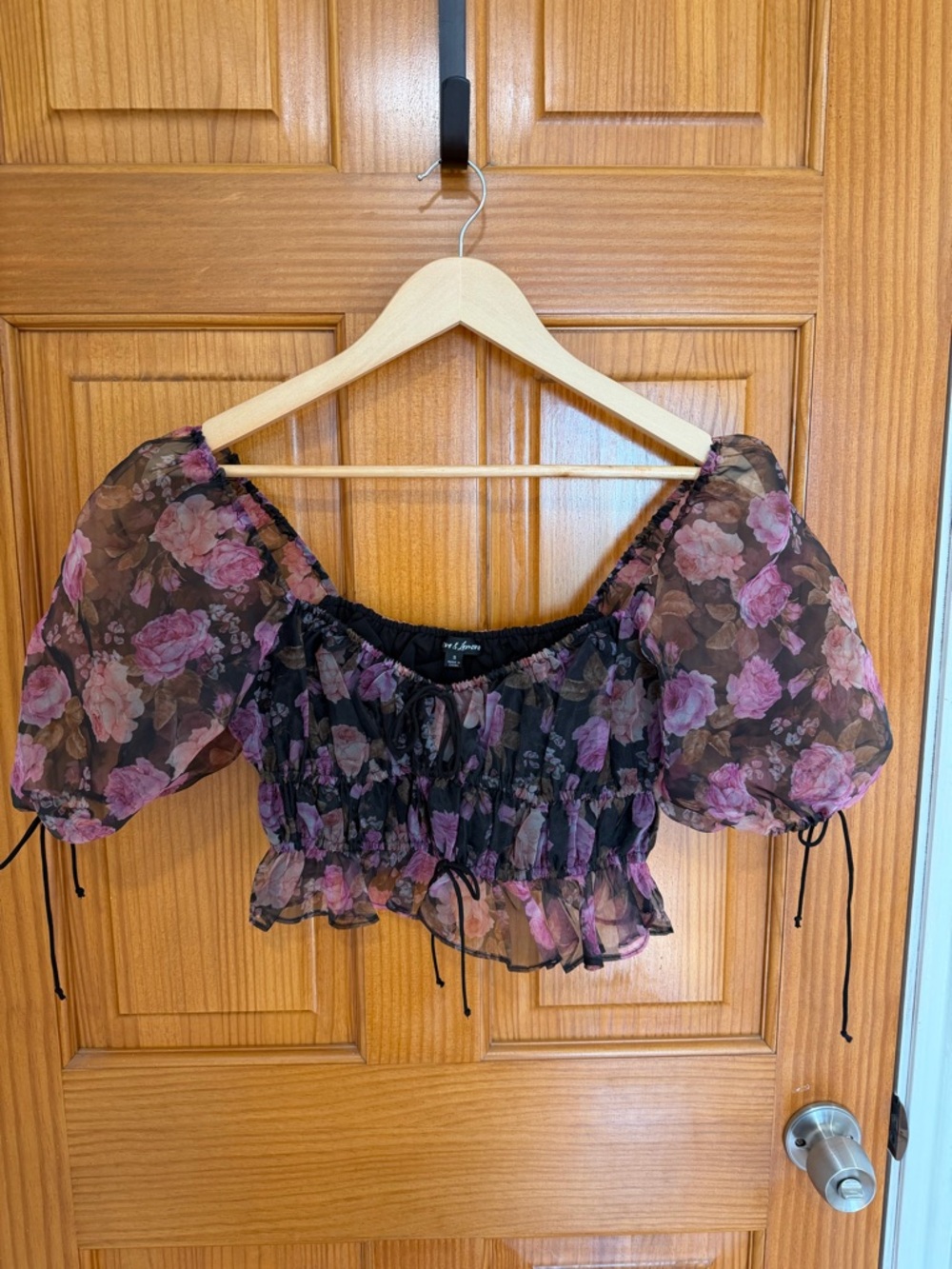 For Love & Lemons Sheer ‘Sunshine’ Puff Sleeve Crop Top